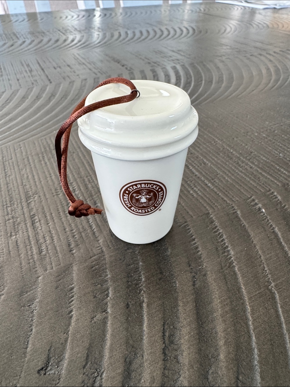 2011 Starbucks White Ceramic Mini Cup Ornament with original Brown Logo and Cord